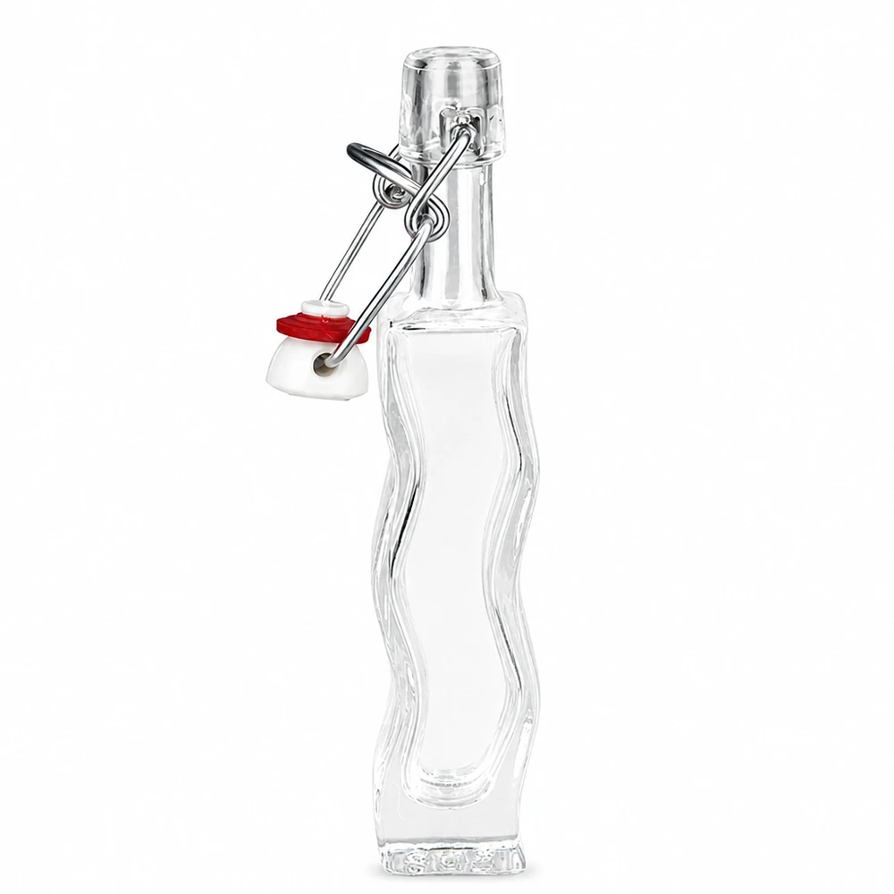 Flacone in vetro da 40 ml Fila con tappo a clip in PVC UNiTWIST® Bottiglia in vetro Anna da 40 ml con guarnizione in gomma rossa sul tappo oscillante, vista laterale dettagliata della forma curva