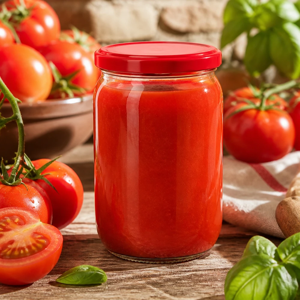 Hausgemachte Tomatensoße in 555ml Rundglas UNiTWIST mit rotem Twist-off Deckel neben frischen Tomaten