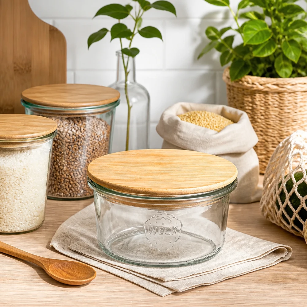 165ml Sturzglas WECK RR80 mit Holzdeckel WECK Sturzglas RR80 165ml leer mit Bambusdeckel in nachhaltiger Zero-Waste Küche mit Vorratsgläsern