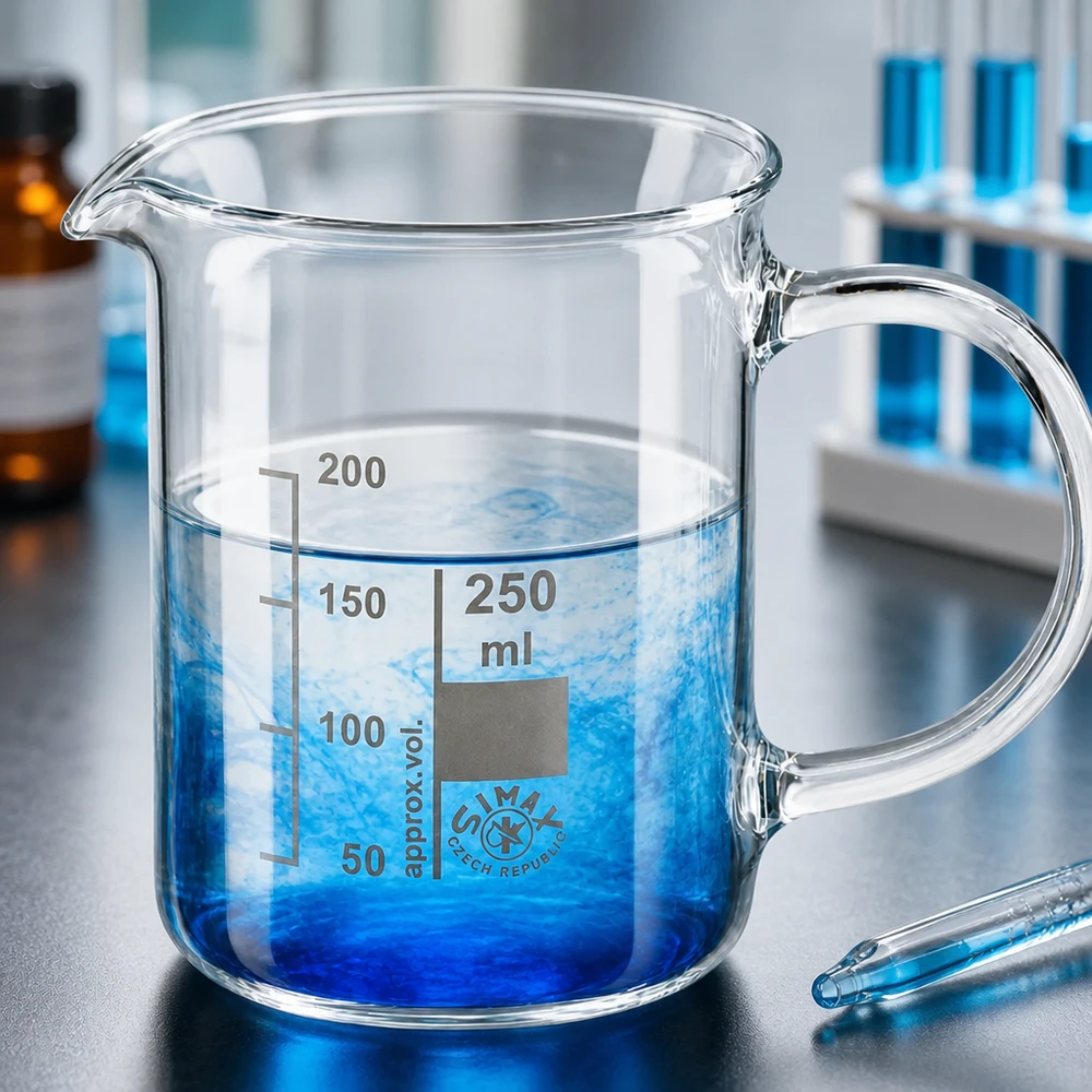 Bicchiere da 250 ml in vetro borosilicato, con manico Bicchiere da laboratorio da 250 ml in vetro borosilicato con manico e soluzione blu disposta in diversi strati
