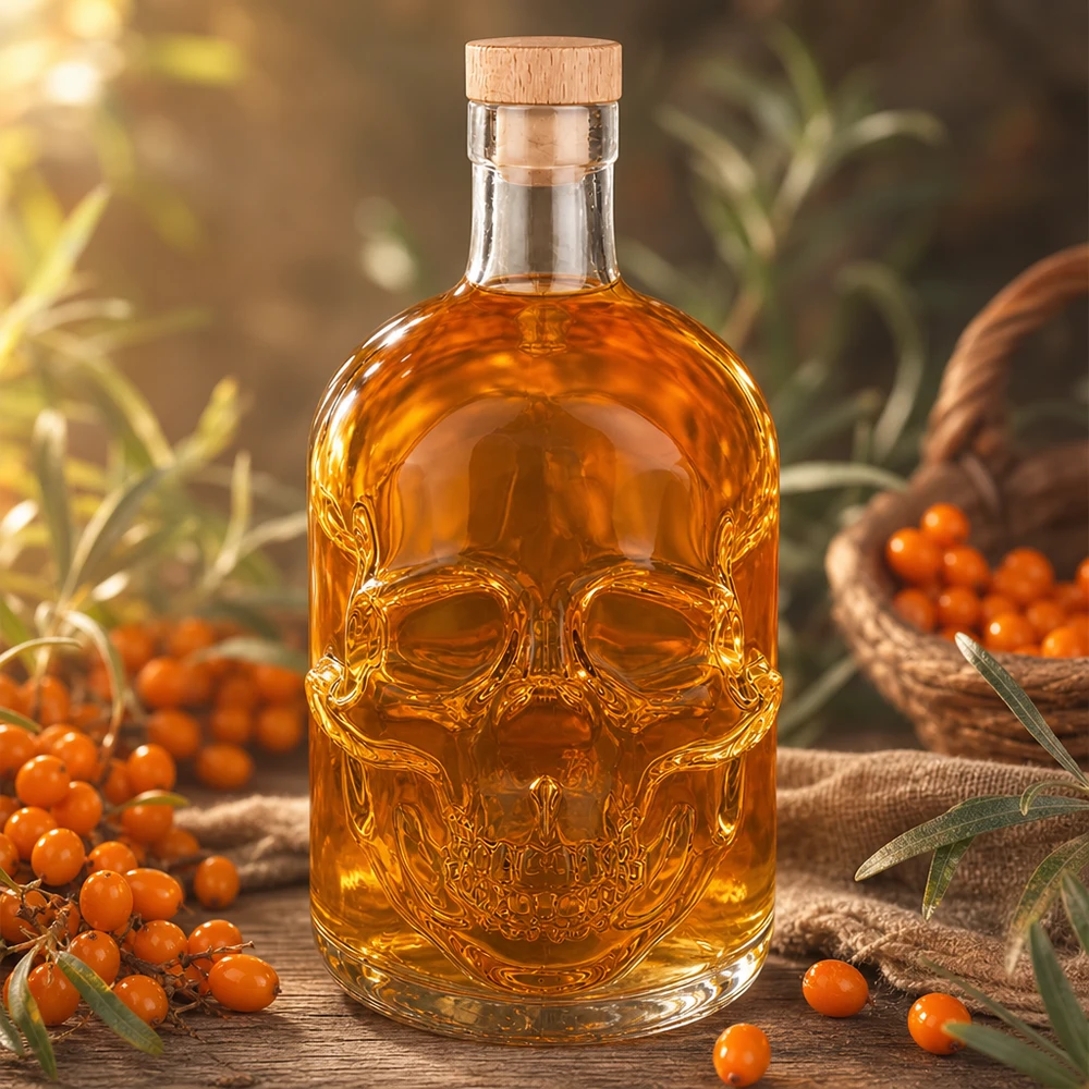 Bottiglia in vetro da 700 ml Jack con tappo in sughero con impugnatura in legno UNiTWIST® Totenkopf-Glasflasche 700ml mit orangefarbenem Inhalt zwischen Sanddornbeeren und Olivenzweigen dekoriert
