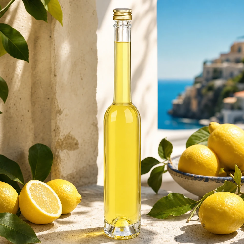 Bottiglia in vetro da 100 ml di Toni riempita di liquore al limone - tappo d'oro UNiTWIST in una cornice mediterranea con limoni