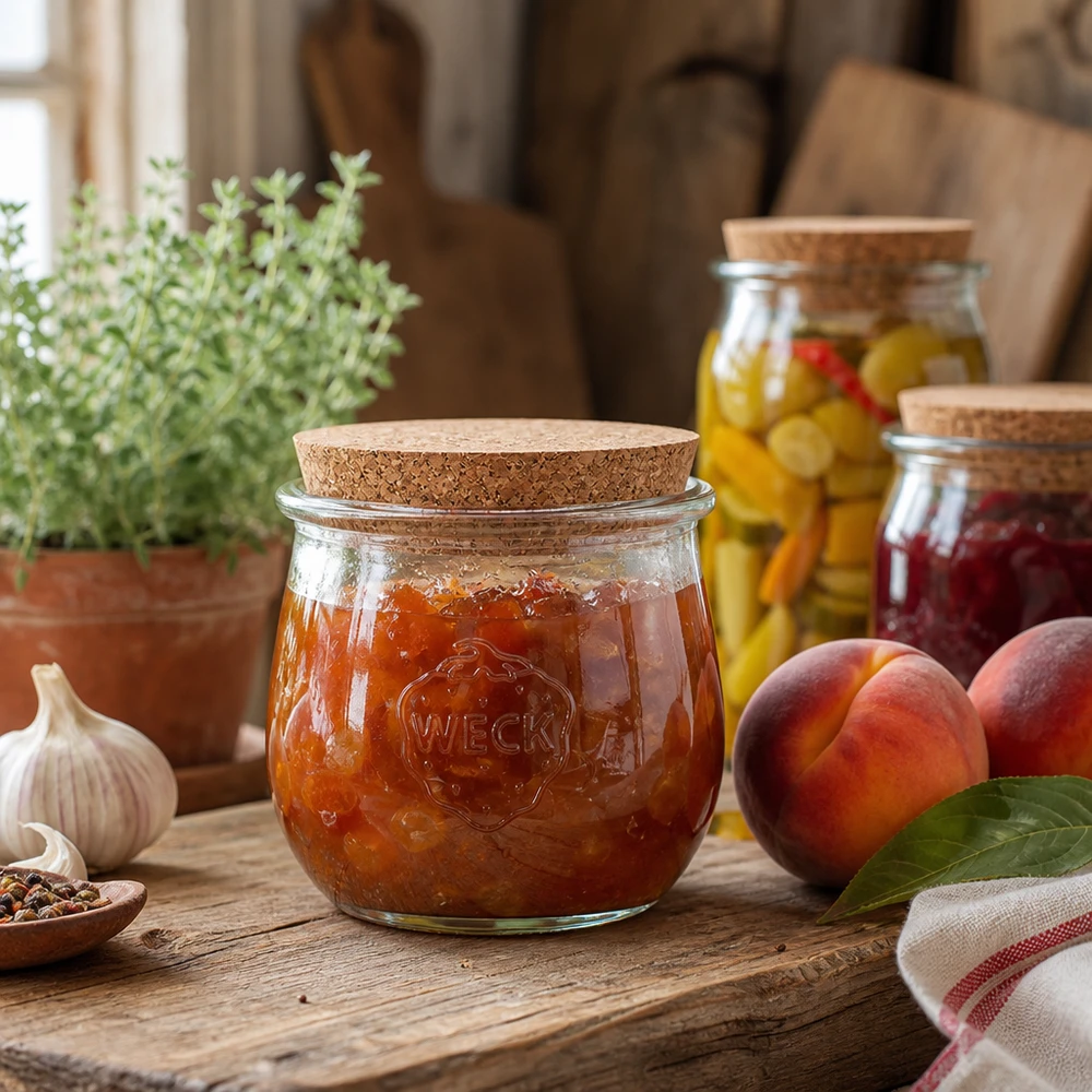 Barattolo da conserva WECK da 370 ml con coperchio in sughero riempito di marmellata in una cucina rustica accanto a pesche fresche
