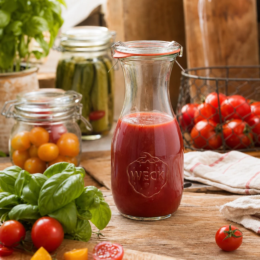 Set completo con bottiglia per succhi da 530 ml WECK RR60 Bottiglia di succo WECK da 530 ml con succo di pomodoro su un tavolo di legno circondato da pomodori freschi e basilico in cucina