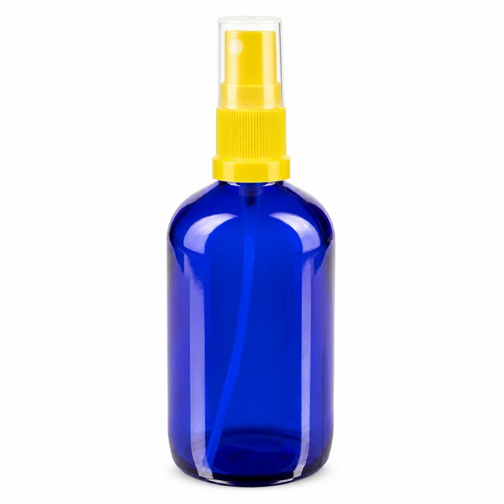 Apothekenflasche blau 100ml Sprayaufsatz gelb Blaue UV-Schutz Glassprayflasche 100ml mit gelbem Pumpmechanismus Standard ApoGlas