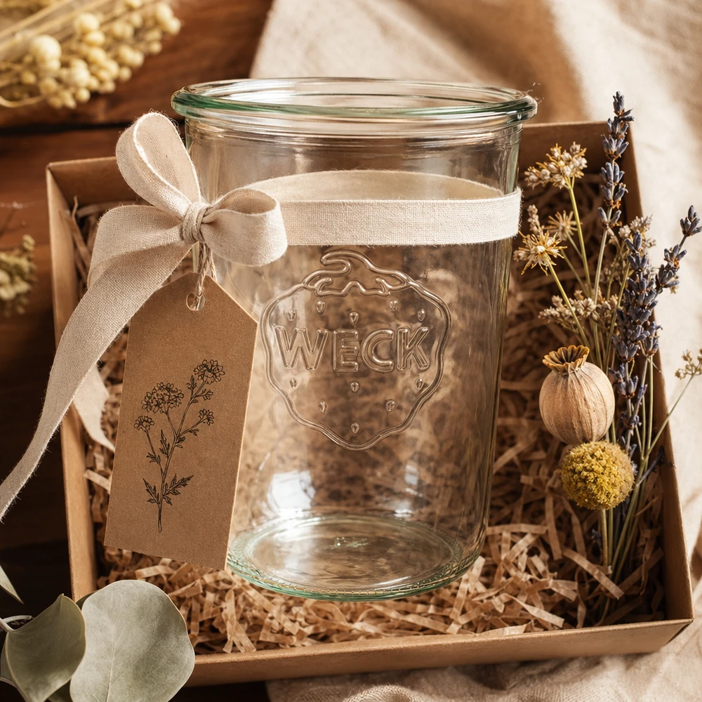Bicchieri da 850 ml WECK RR100 Bicchieri WECK RR100 da 850 ml con nastro e fiori secchi in una confezione regalo su sfondo in legno