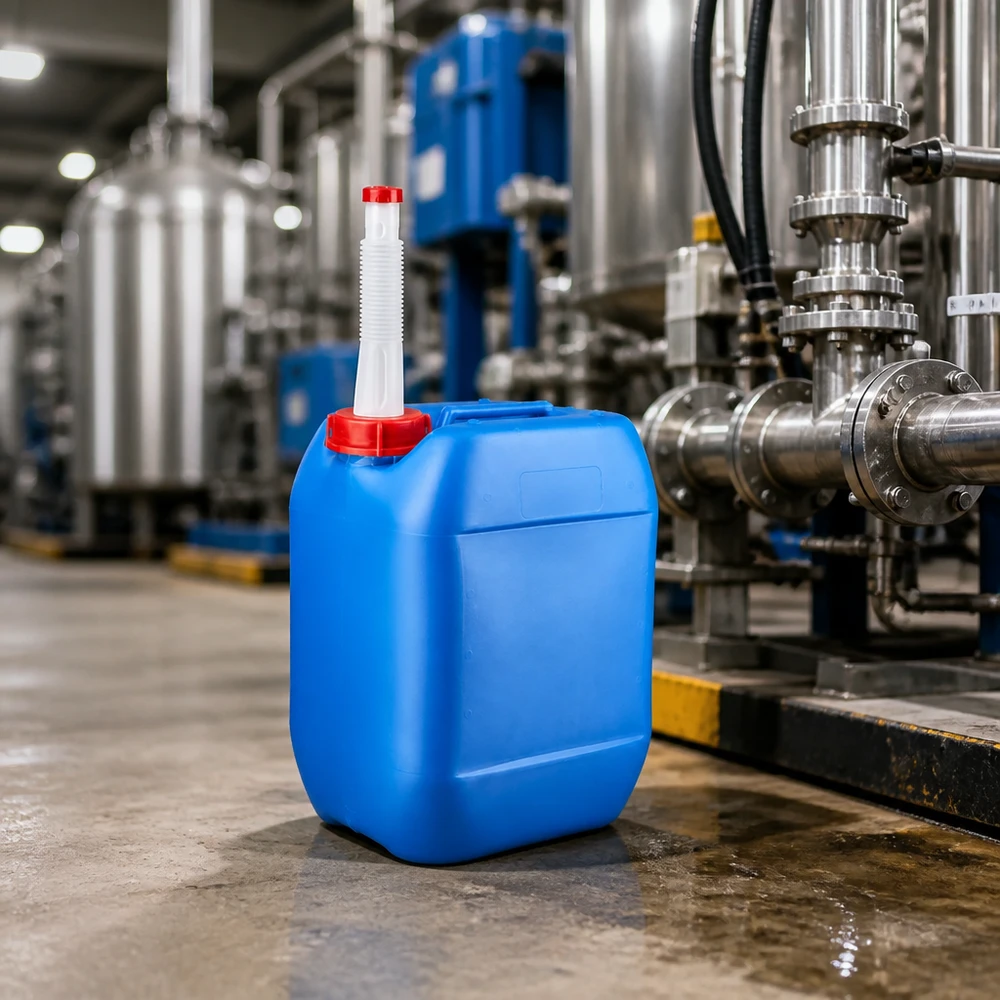 Bidon 10 litres bleu avec tube flexible Bidon industriel bleu de 10 litres avec bec verseur blanc, fabriqué dans une usine moderne