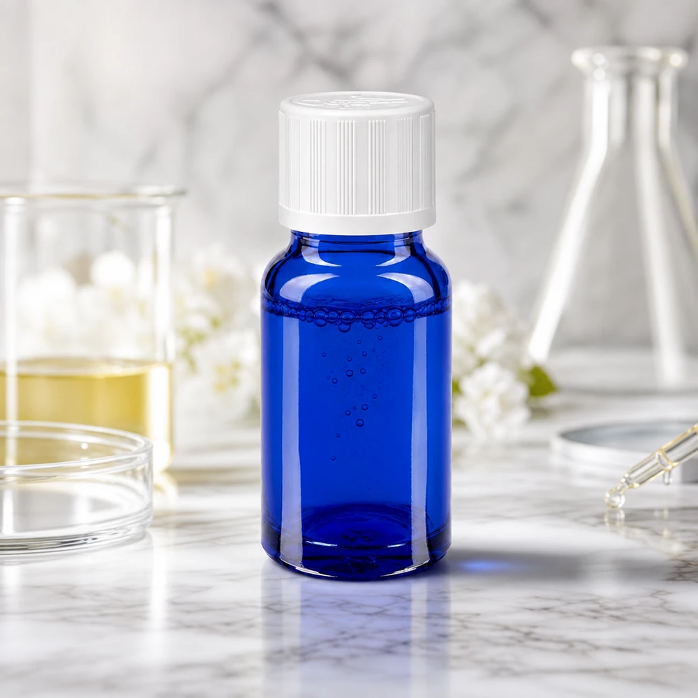 10ml Apothekerglasflasche in Blau mit Kindersicherheitsverschluss neben Petrischale und Pipette