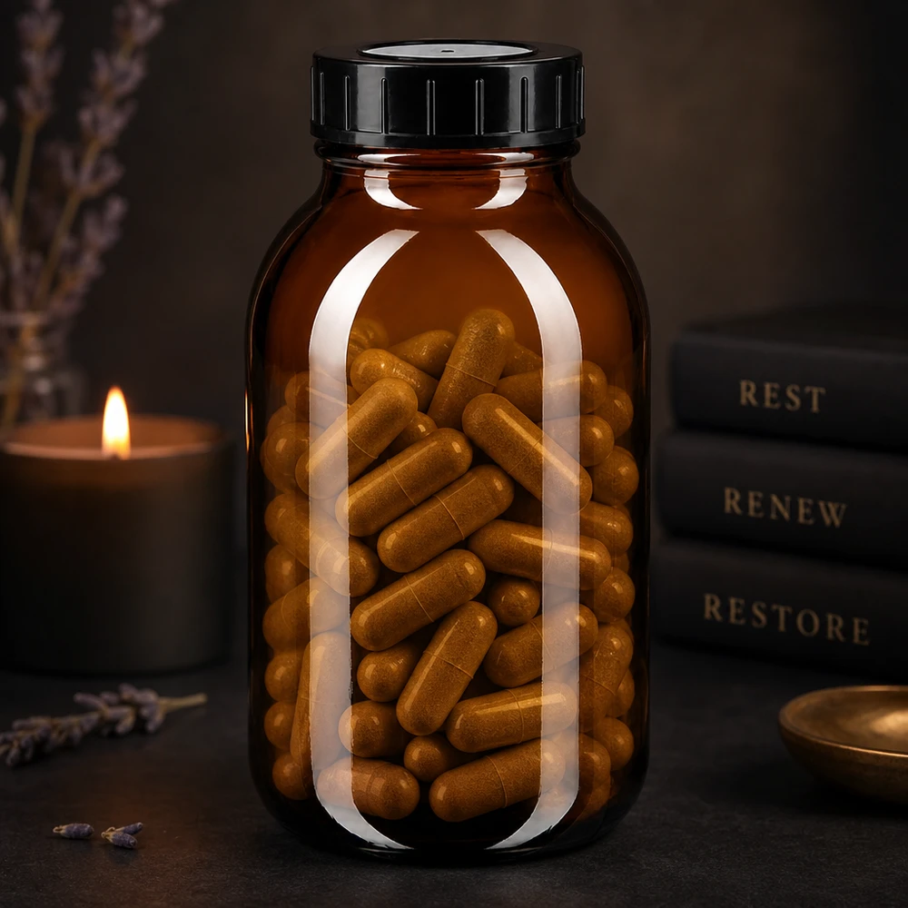 Bottiglia a collo largo da 500 ml in vetro ambrato con coperchio nero perfetta per capsule e compresse