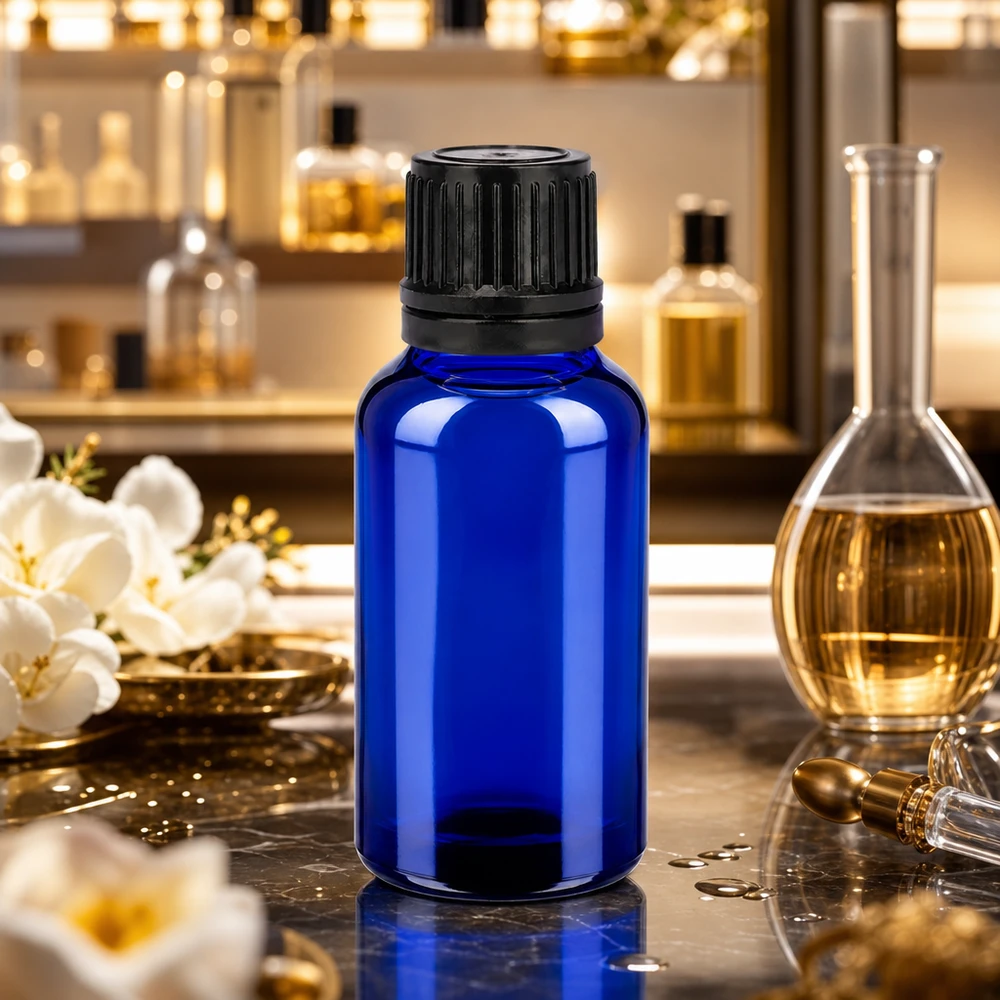 20ml Flasche 11mm Schraubverschluss schwarz Originalitätsverschluss BlueLine UT18/20 Elegante blaue 20ml Glasflasche mit mattschwarzem Verschluss für hochwertige Naturprodukte
