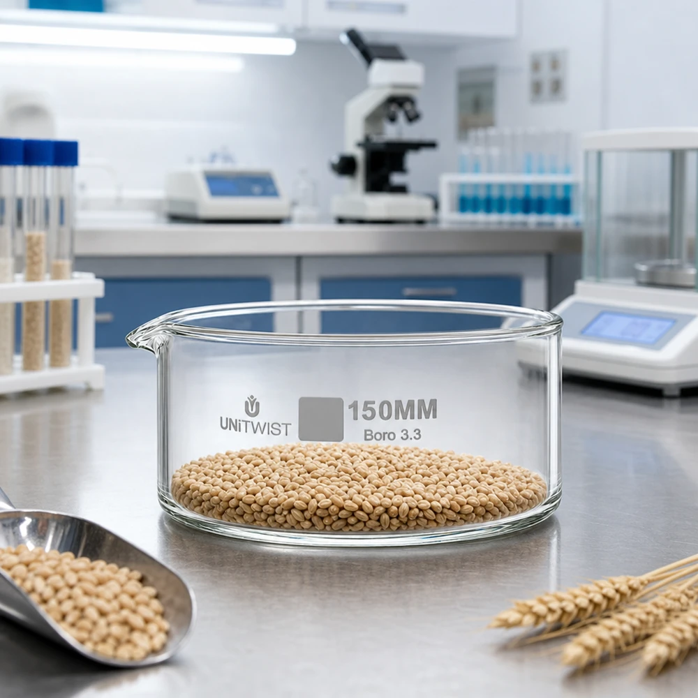 Cristallisoir ø150mm verre borosilicaté UNiTWIST Coupelle de cristallisation de 150 mm UNiTWIST Boro 3.3 avec des grains de blé pour l'analyse des semences en laboratoire