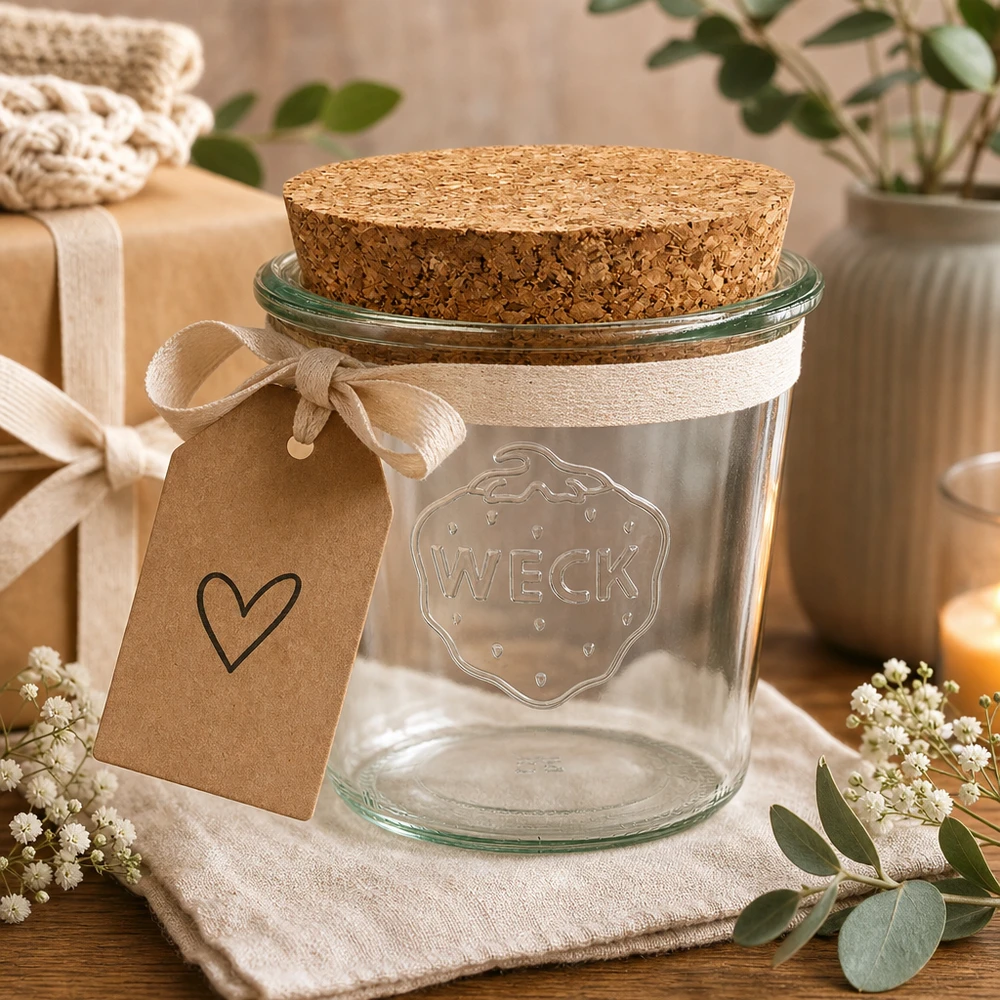 580ml Sturzglas WECK RR100 mit Korken natur WECK Sturzglas 580ml RR100 als Geschenkidee mit Herzanhänger und Schleife in natürlicher Tischdeko arrangiert