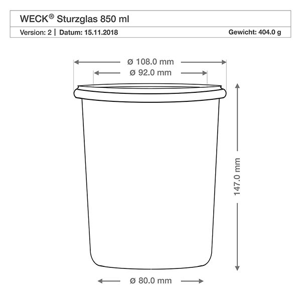 850ml Sturzglas WECK RR100 mit Korken natur WECK Sturzglas 850ml RR100 technische Zeichnung mit Maßangaben Durchmesser 108mm Höhe 147mm Gewicht 404g