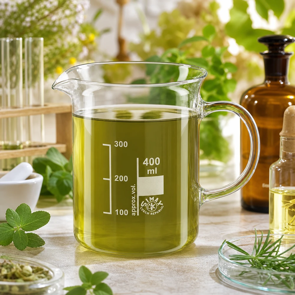 Bicchiere 400ml in vetro borosilicato, con manico Bicchiere da 400 ml con manico, contenente estratto di erbe verdi; vetro borosilicato; cosmetici naturali