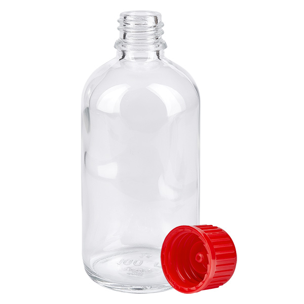 Bottiglia da 100ml 11mm SV rosso STD ClearLine UT18/100 Flacone in vetro trasparente da 100 ml con tappo a vite rosso da 11 mm ClearLine UT18/100 vuoto
