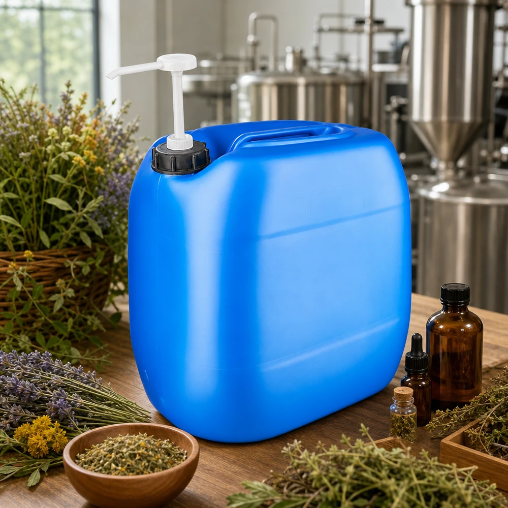Bidon de 30 litres bleu avec pompe doseuse Bidon bleu de 30 litres muni d'une pompe doseuse, entouré d'herbes et d'huiles essentielles utilisées dans la fabrication de cosmétiques naturels