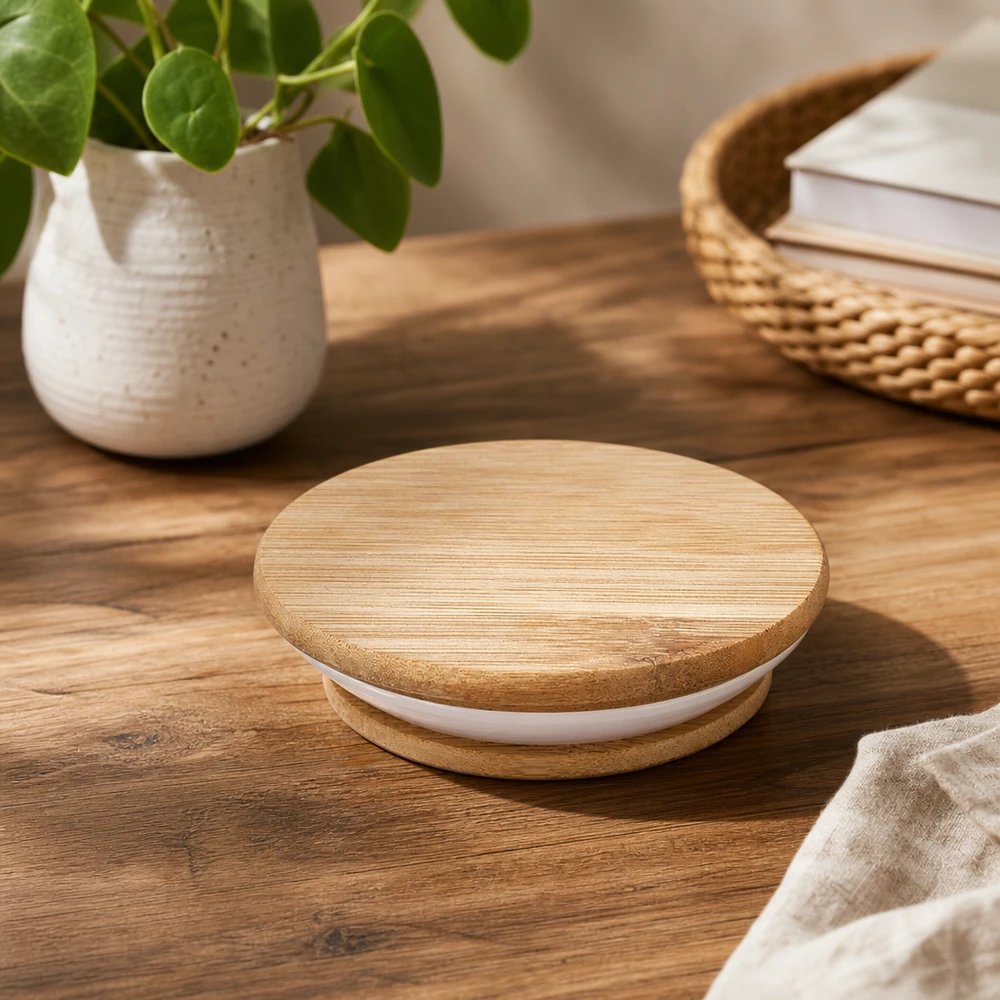 Coperchio in legno versione "A" per WECK RR60 Coperchio in legno WECK RR60 su tavolo in legno in ambiente naturale con pianta e cesto come fotografia di prodotto lifestyle