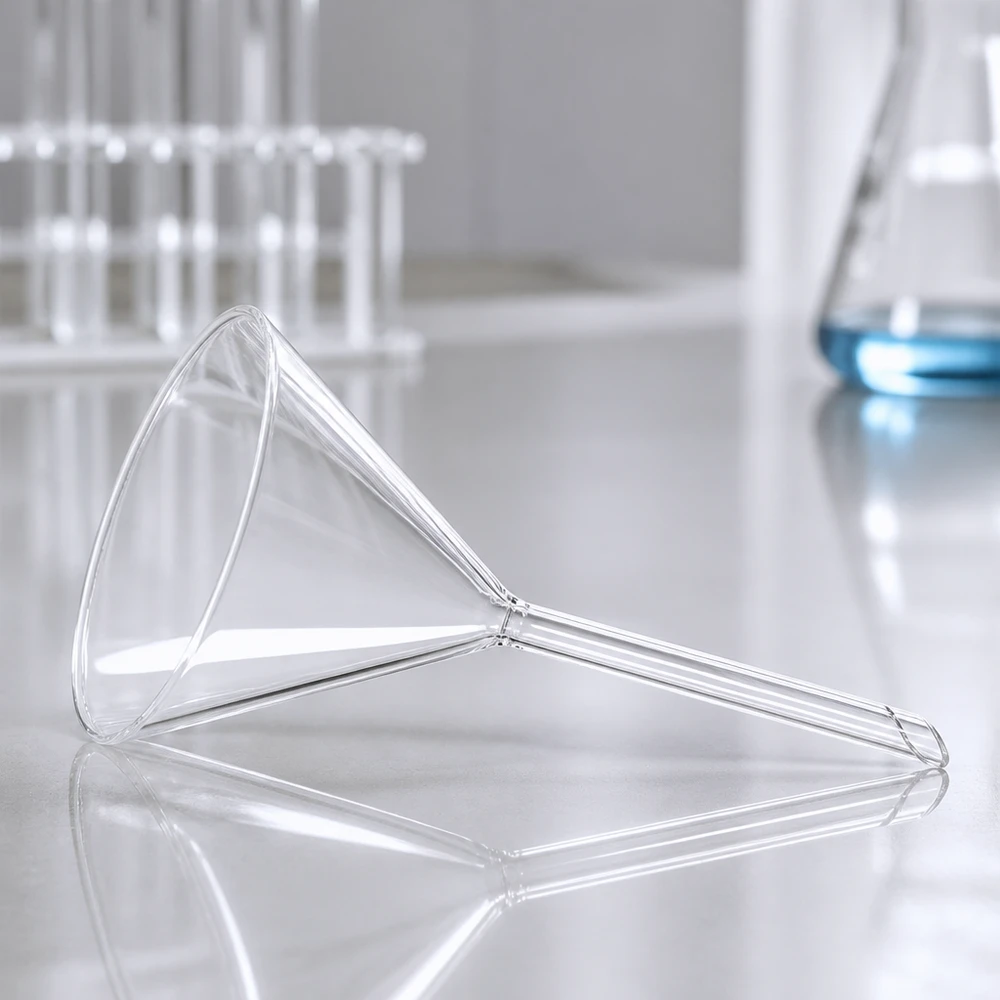 Entonnoir en verre transparent 85mm avec manche court pour les applications chimiques en laboratoire