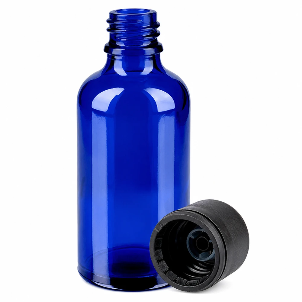 Pratico flacone in vetro da 50 ml con tappo nero per cosmetici e sieri fai da te