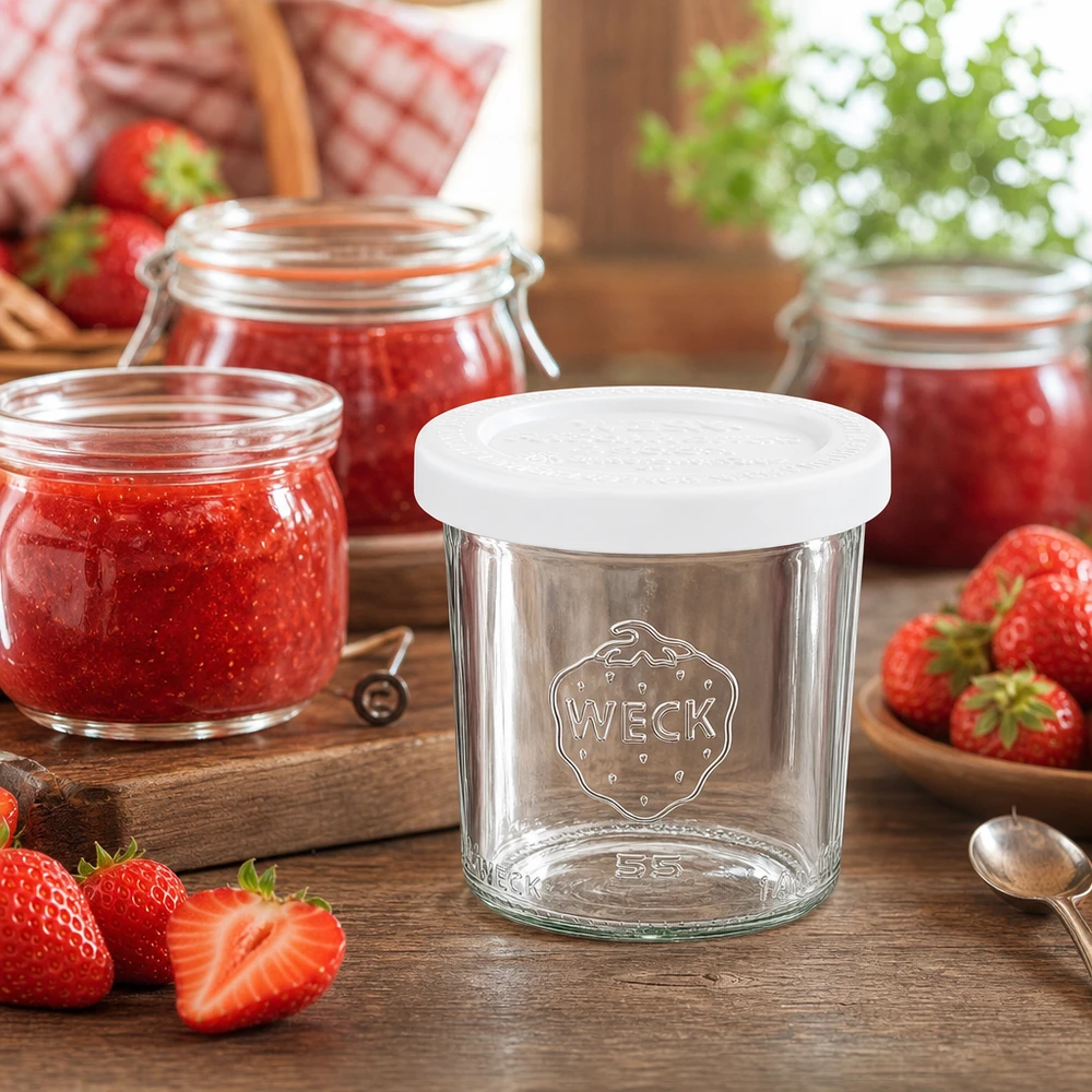 Bocal en verre de 140 ml avec couvercle hermétique WECK RR60 WECK 140ml Einmachglas mit Erdbeeren und Marmelade auf Holztisch - Sturzglas RR60 für Konfitüre und Aufstriche