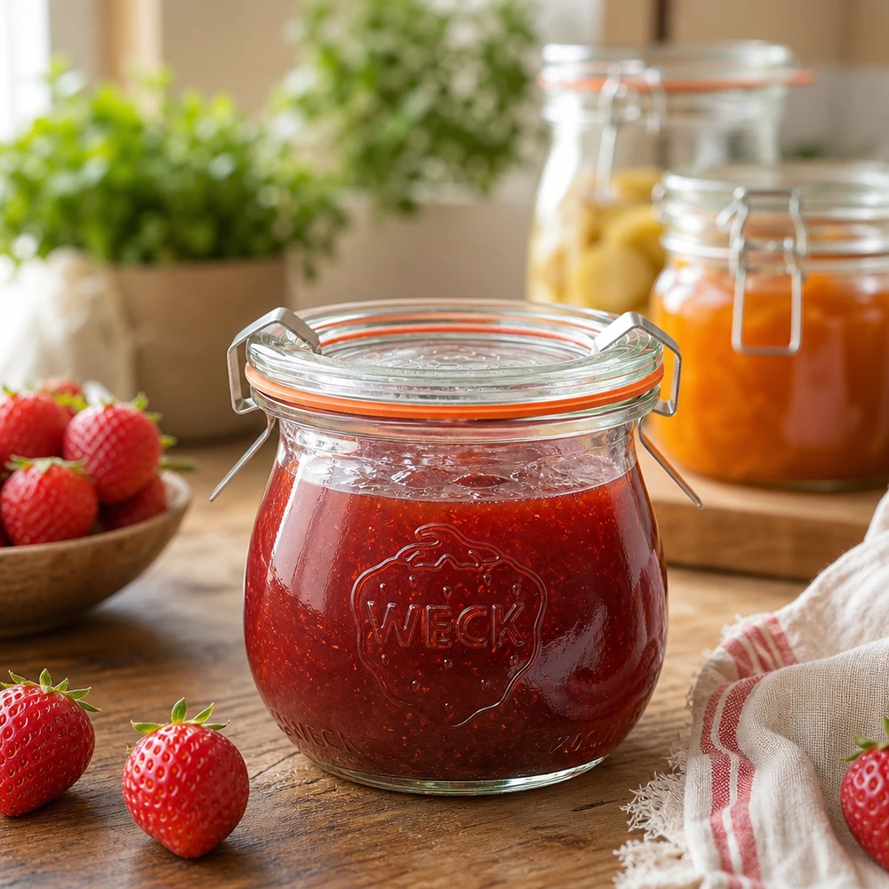 Barattolo a tulipano da 75 ml completo WECK RR40 Barattolo WECK a tulipano da 75 ml riempito di marmellata di fragole in una scena di cucina rustica con fragole fresche e barattoli di marmellata