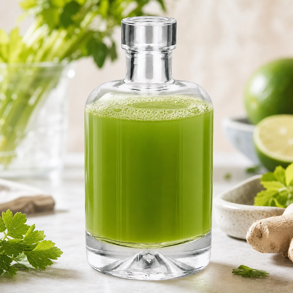 Il flacone di vetro da 50 ml Amelie, riempito di estratto di erbe verdi accanto a erbe fresche e lime, mostra l'applicazione di cosmetici naturali.