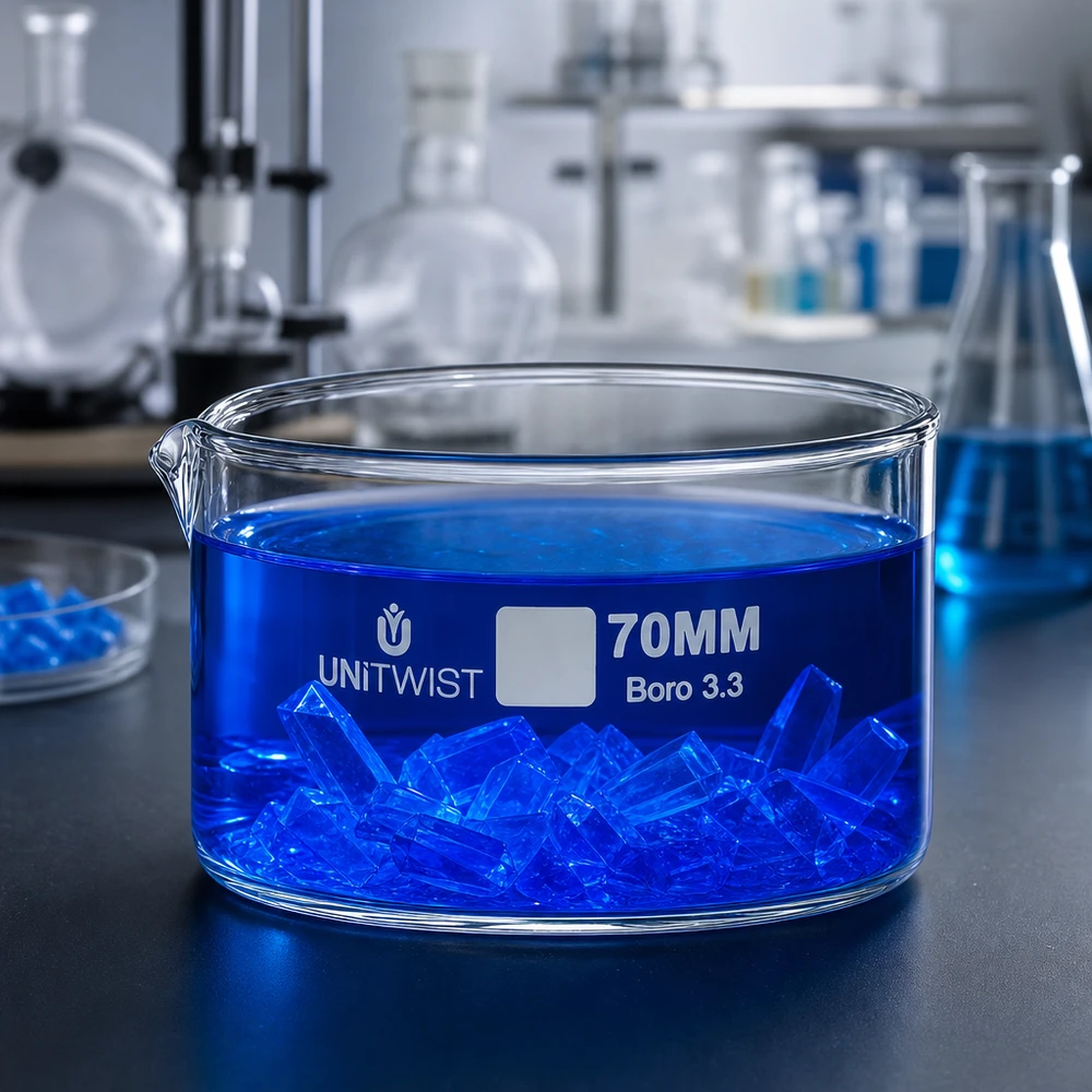 Vaschetta di cristallizzazione da 70 mm UNiTWIST in vetro borosilicato 3.3 con soluzione blu e cristalli in laboratorio