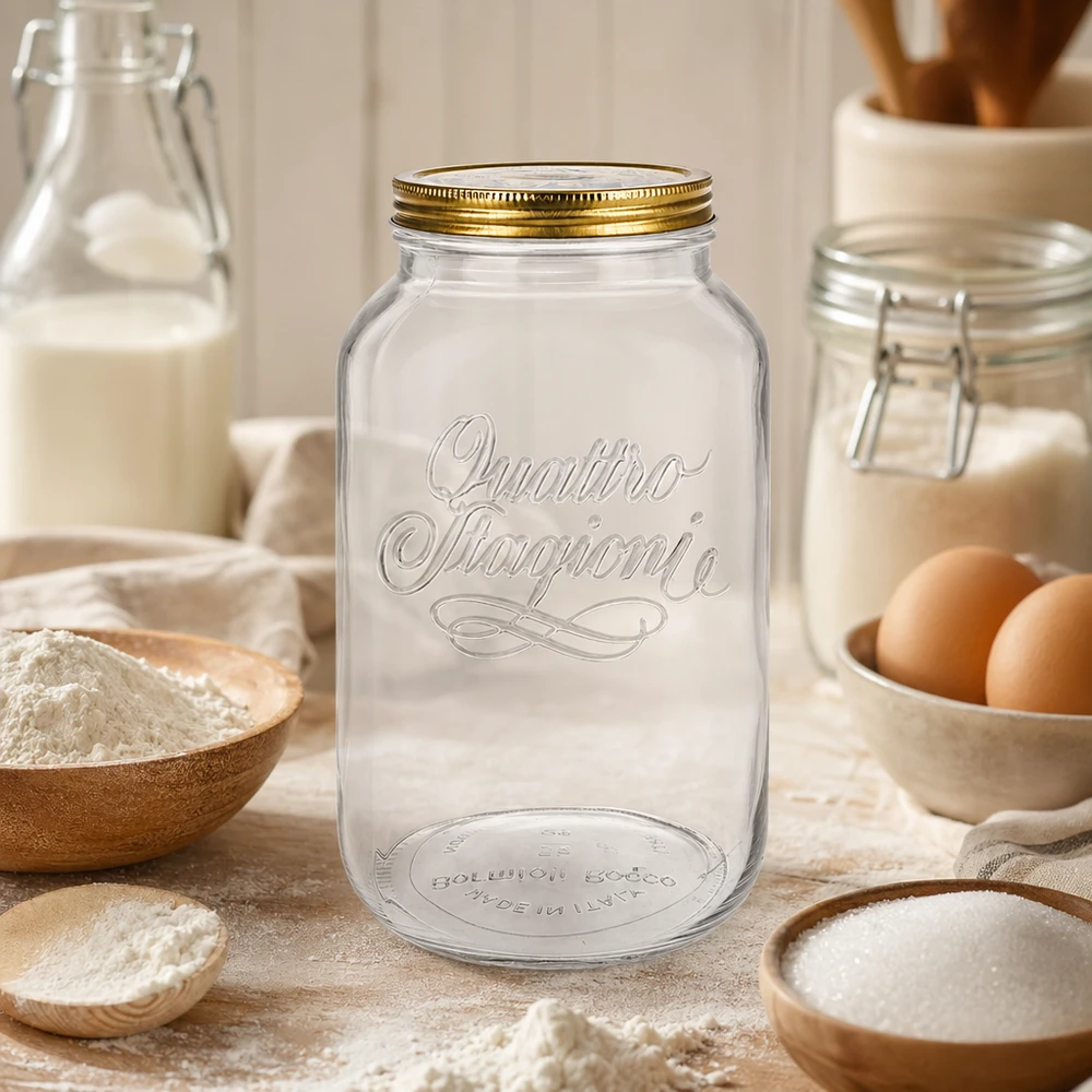 Quattro Stagioni 3800ml Rundglas in rustikaler Küche umgeben von Backzutaten Mehl Eiern und Milch Vorratsglas