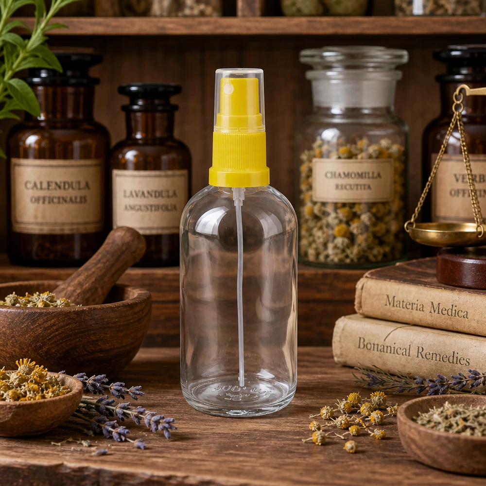 Flacone spray da 100 ml giallo/trasparente STD ClearLine UT18/100 Flacone spray ClearLine UT18 da 100 ml con nebulizzatore giallo, tra barattoli di erbe e libri di fitoterapia
