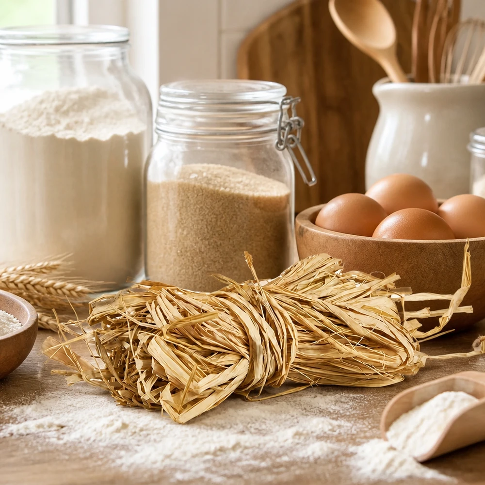 Fibra naturale per decorazioni, 30 g La rafia naturale 30g beige dorato come aiuto in cucina per i fagotti di pasta insieme a uova e farina mostra l'uso tradizionale