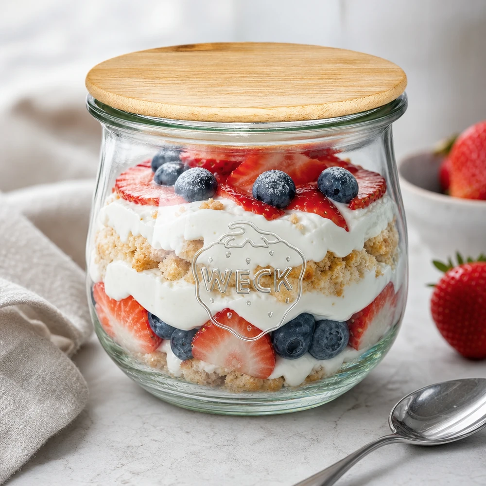 370ml Tulpenglas WECK RR80 mit Holzdeckel WECK Tulpenglas 370ml RR80 mit Holzdeckel als Dessertglas mit Beeren-Trifle und Sahne gefüllt auf weißer Oberfläche