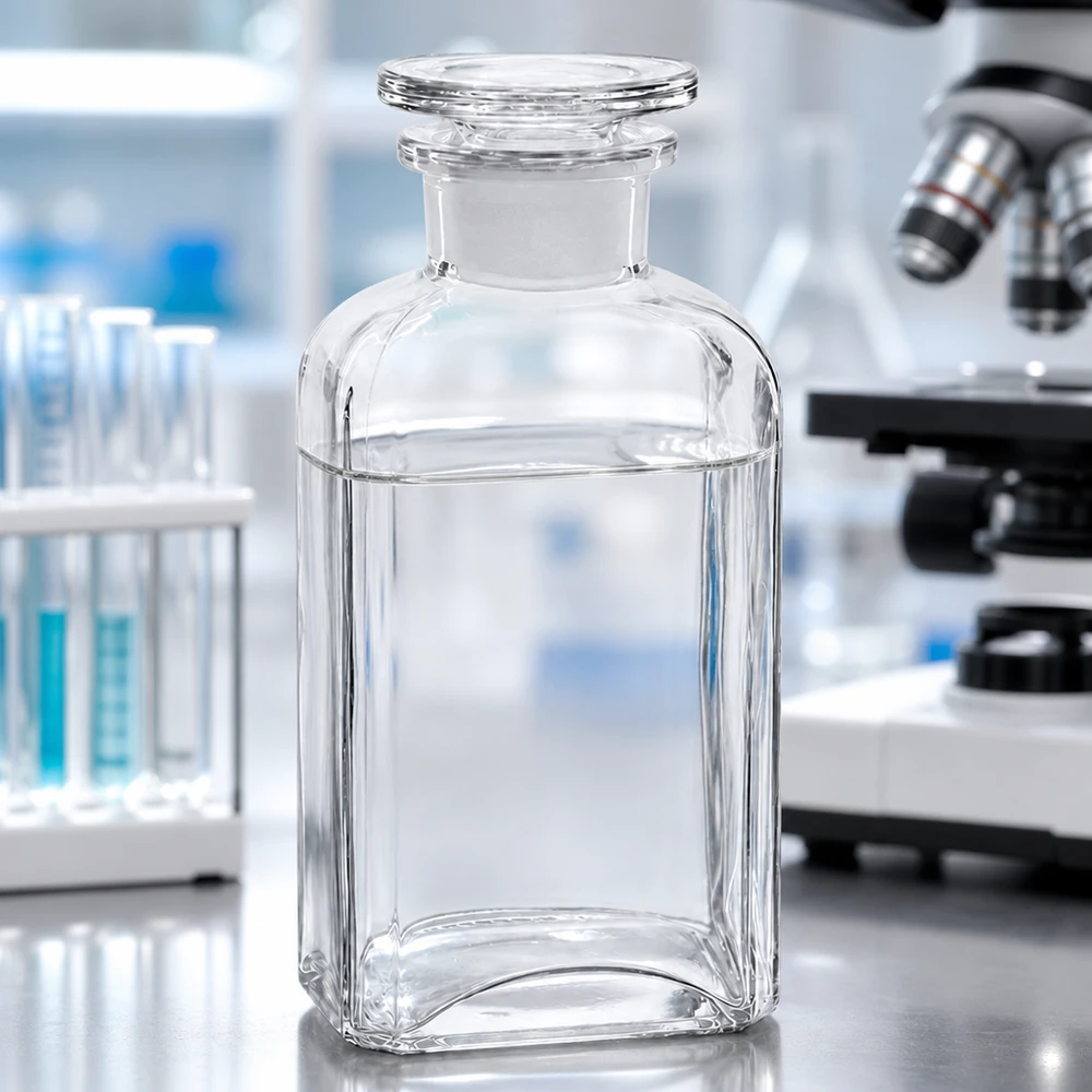 Bottiglia quadrata da 250 ml con collo largo e tappo in vetro Bottiglia quadrata da 250 ml in vetro trasparente a collo largo con tappo di vetro, sul banco da lavoro del laboratorio accanto al microscopio