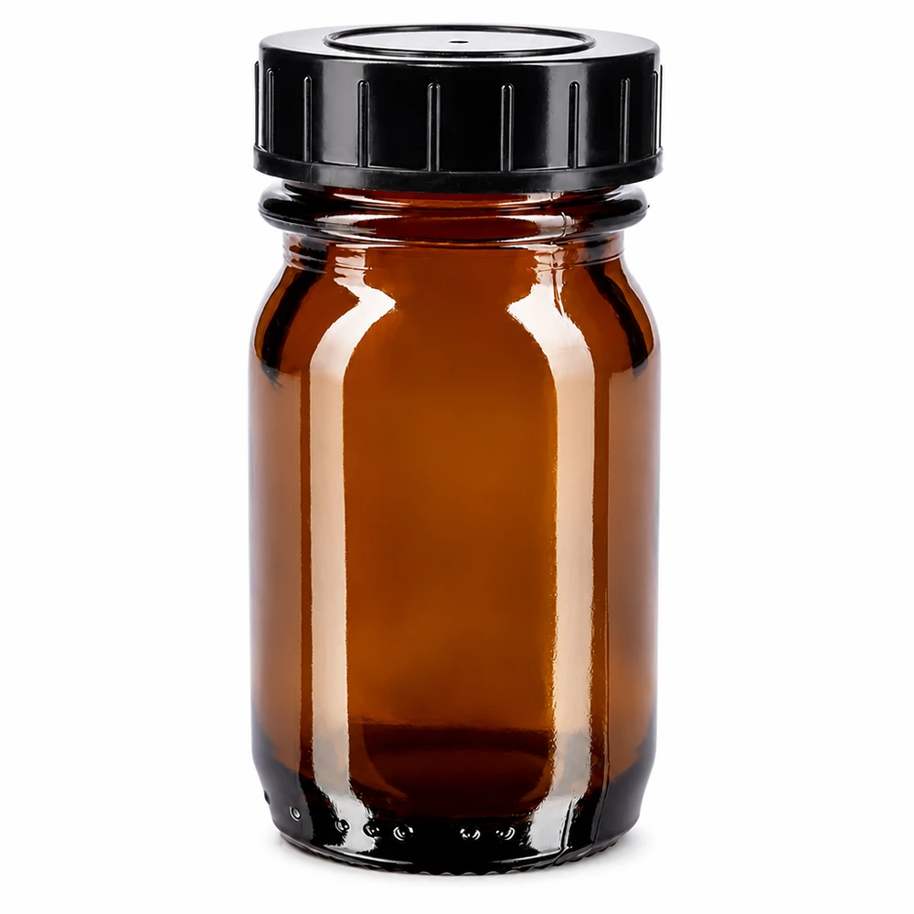Bottiglia a collo largo da 30 ml in vetro ambrato con tappo a vite nero per una conservazione sicura