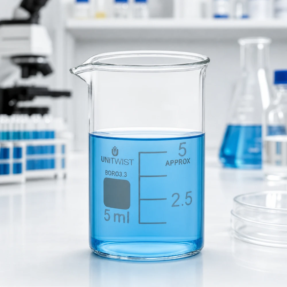 Bicchiere 5ml in borosilicato, forma bassa UNiTWIST Bicchiere da laboratorio UNiTWIST da 5 ml in borosilicato, di forma bassa, con liquido blu al suo interno