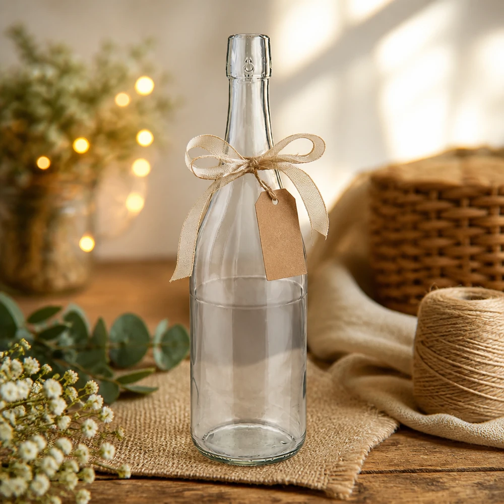 Bottiglia di vetro UNiTWIST da 750 ml decorata con fiocco e etichetta regalo in materiale artigianale rustico di juta