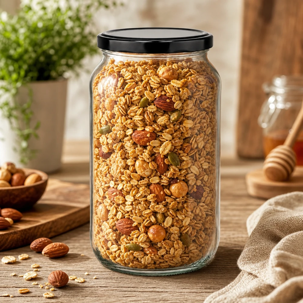 1062ml Rundglas mit BasicSeal Deckel schwarz UNiTWIST 1062ml Rundglas mit Müsli und Nüssen gefüllt - großes Vorratsglas mit schwarzem Deckel für trockene Lebensmittel