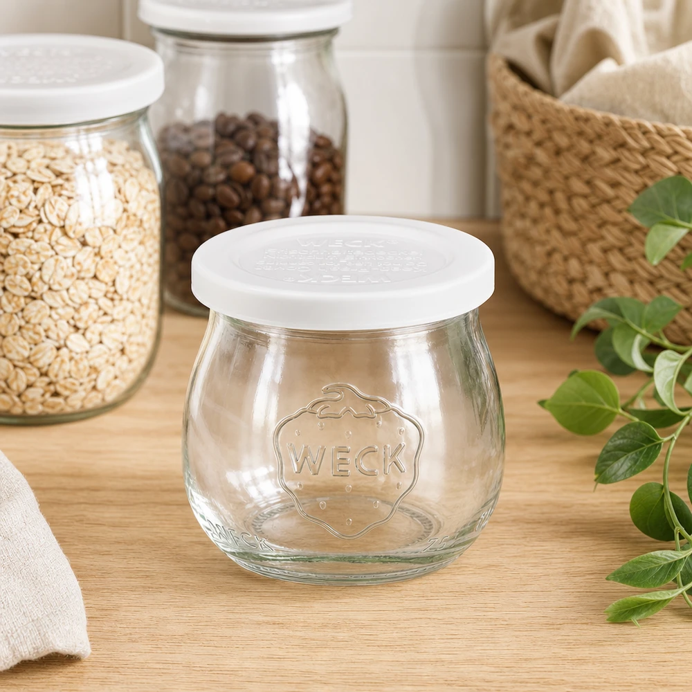 Barattolo a tulipano da 75 ml con coperchio salvafreschezza WECK RR40 WECK barattolo tulipano 75ml RR40 vuoto in cucina con barattoli di stoccaggio chicchi di caffè d'avena e decorazione cesto di vimini