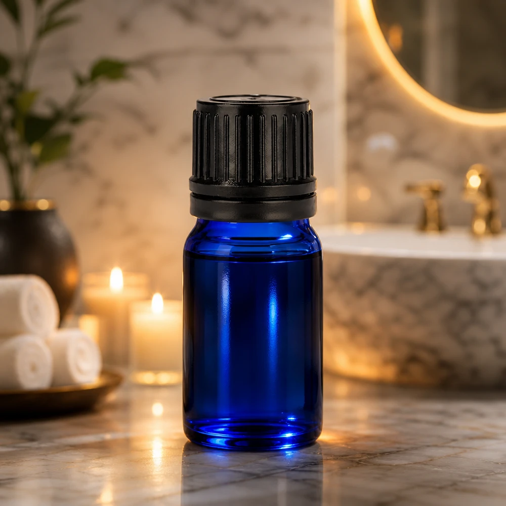 Flacone per farmacia da 5 ml in vetro blu con tappo a vite nero a prova di bambino
