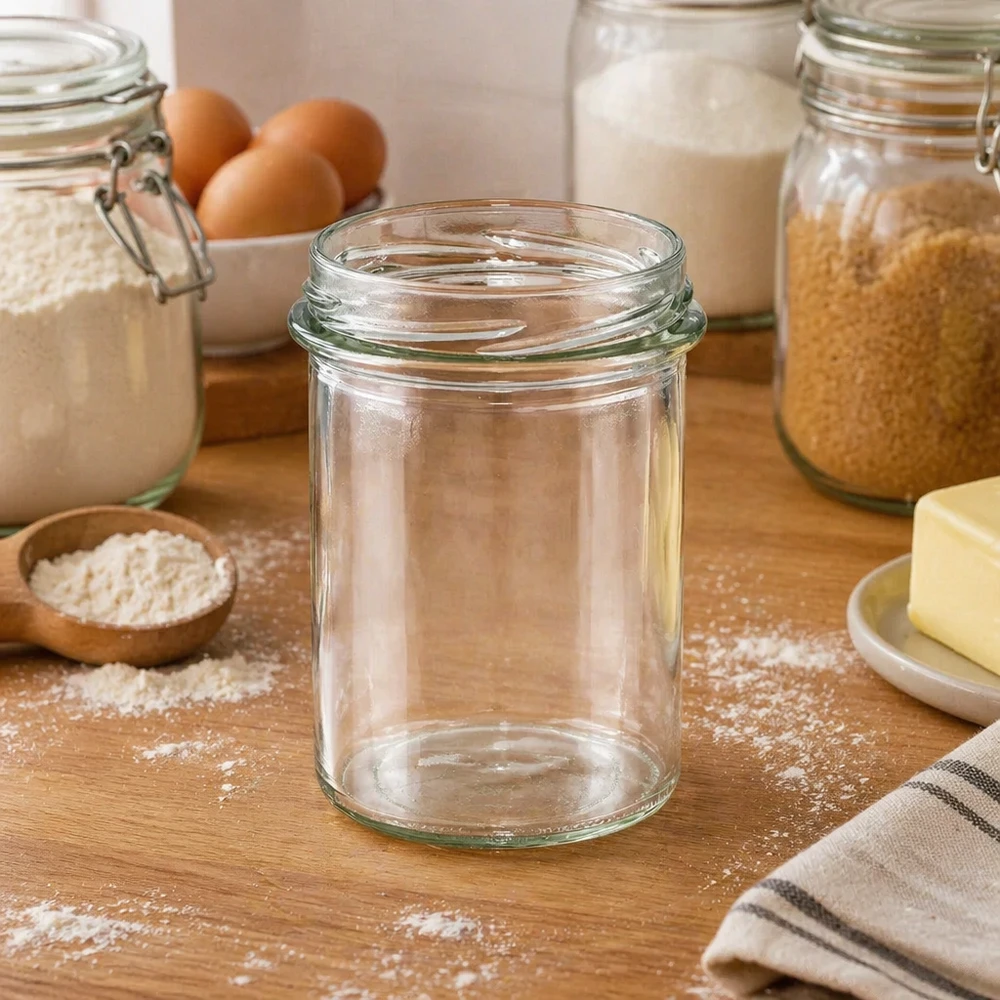 UNiTWIST Sturz230 Sturzglas 230ml TO66 leer auf Holztisch zwischen Backzutaten Mehl Eiern und Einmachgläsern