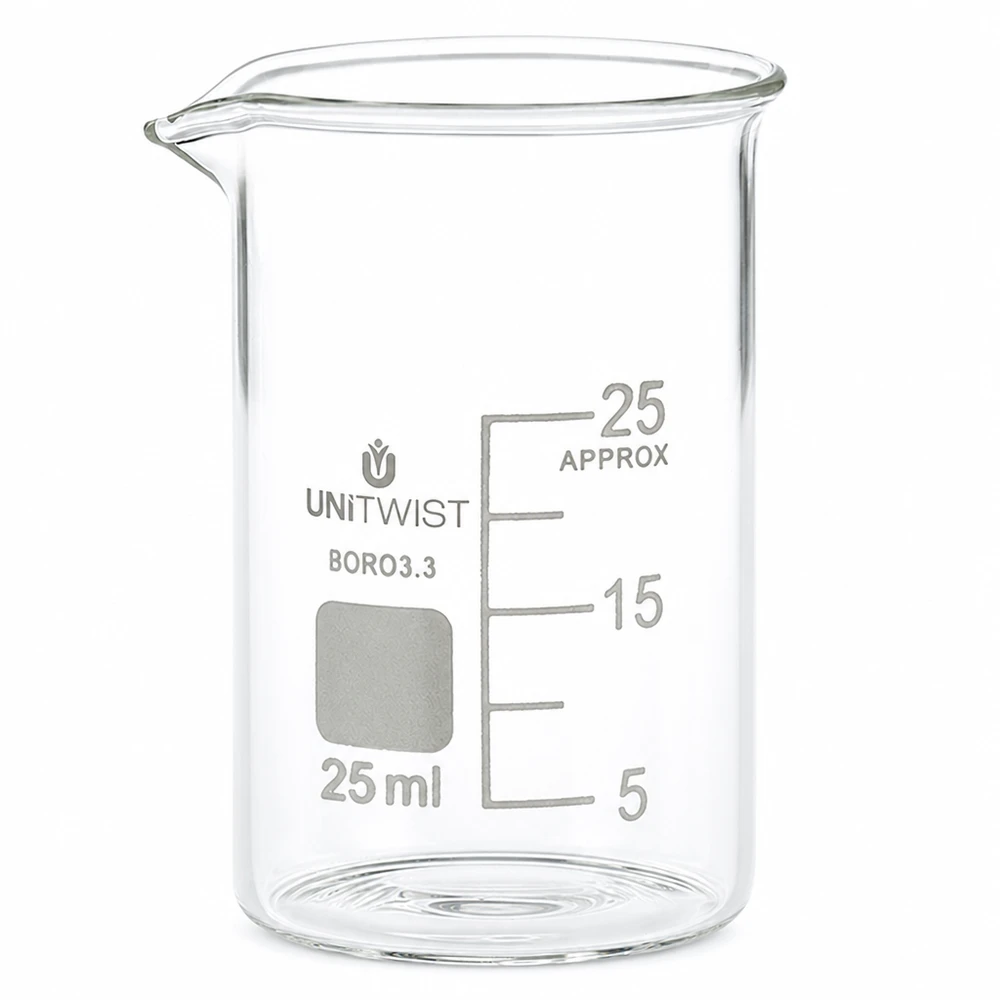 Bicchiere 25ml in borosilicato, a basso stampo UNiTWIST Bicchiere da 25 ml in vetro borosilicato a forma bassa di UNiTWIST con scala in millilitri