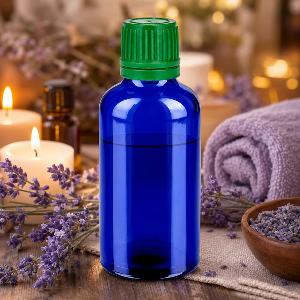 50ml Flasche 11mm Schraubverschluss grün Originalitätsverschluss BlueLine UT18/50 Lichtschutz-Glasflasche 50ml in tiefem Blau mit grünem Schraubverschluss für empfindliche Substanzen