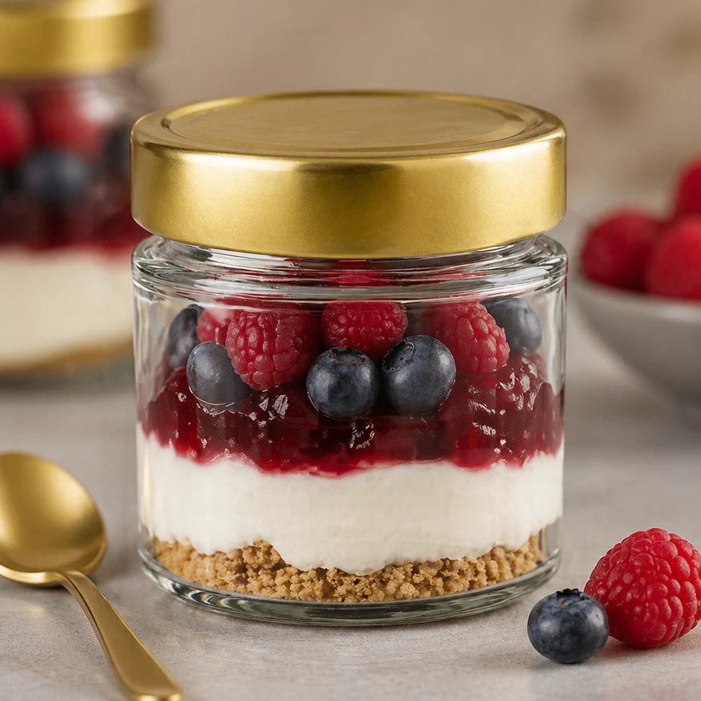 154ml Rundglas mit BasicSeal Deckel gold deep UNiTWIST 154ml Rundglas BasicSeal gold gefüllt mit Dessert Joghurt Beeren Blaubeeren Himbeeren Crumble Schichtdessert