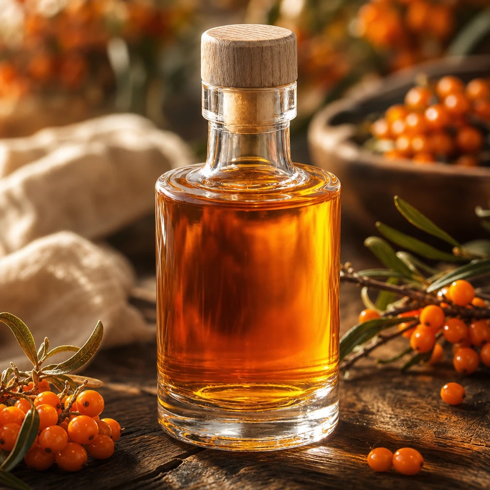 Bottiglia da 100 ml in vetro Marie con tappo in legno riempita con liquido ambrato decorato con bacche di olivello spinoso naturale