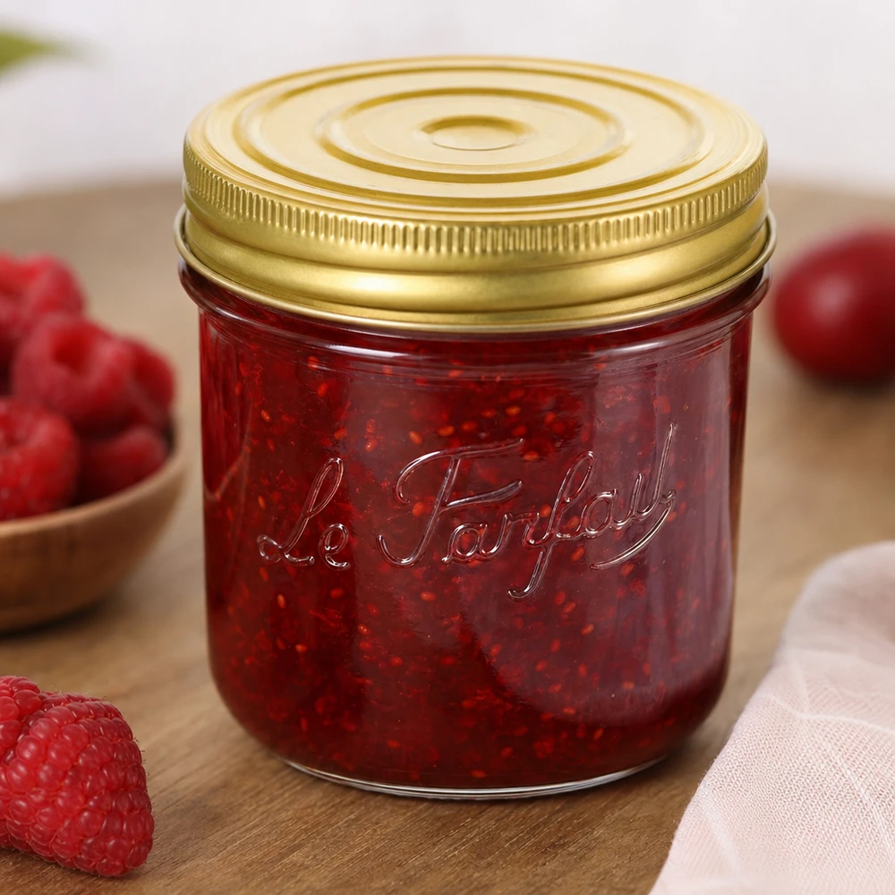 Le Parfait® Familia Wiss 350 g Ø100 mm vaso Vasetto Familia Wiss da 415 ml con coperchio dorato riempito di marmellata rossa accanto a fragole fresche su un tavolo di legno