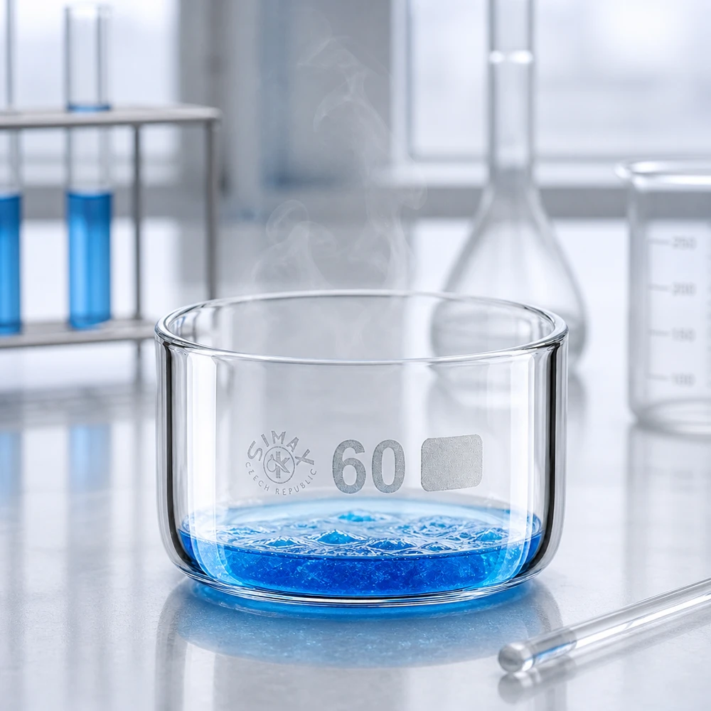 60ml Kristallisierschale ohne Ausguss Borosilikat ø60mm Kristallisierschale ø60mm aus klarem Borosilikatglas mit siedender blauer Lösung