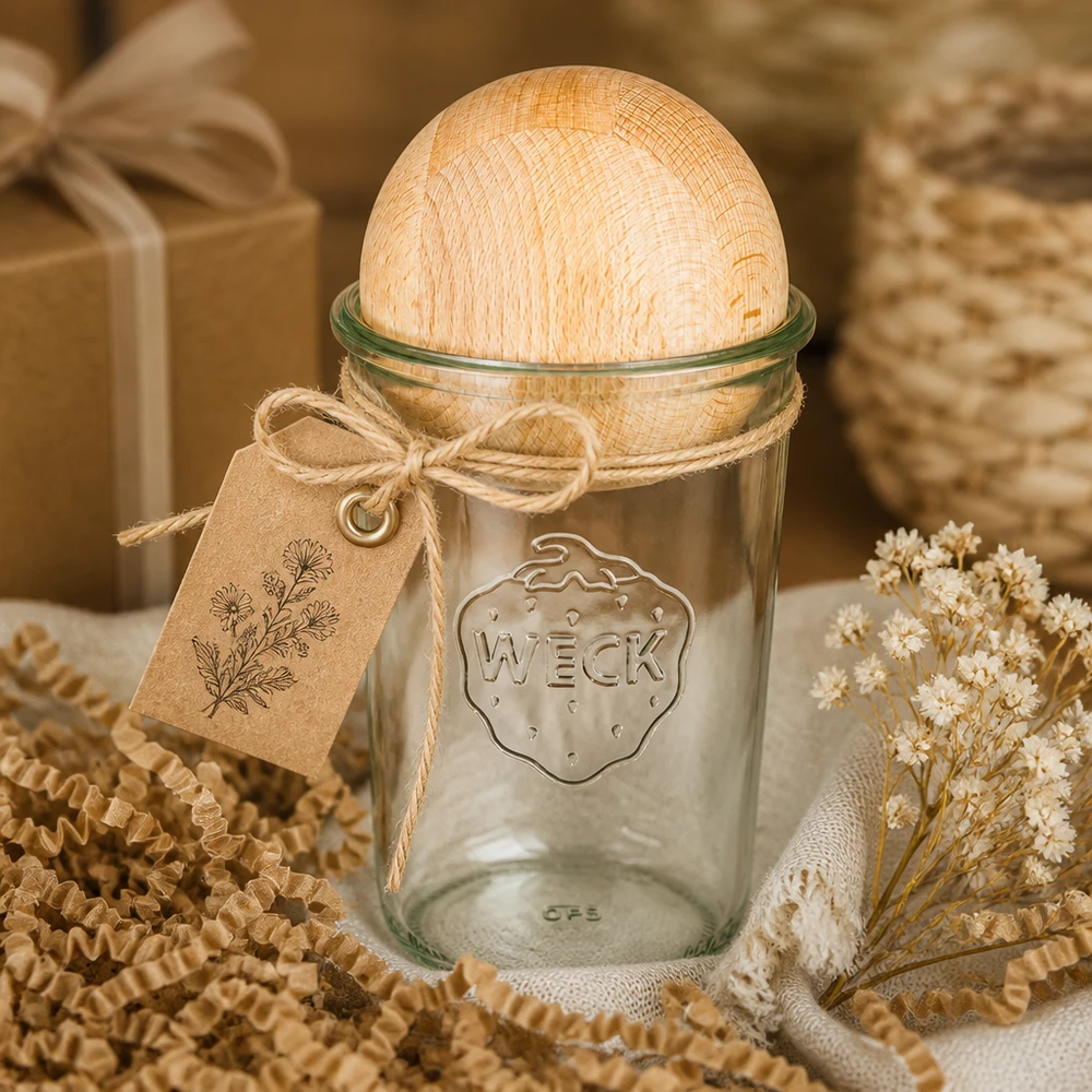 850ml Sturzglas WECK RR100 mit Holzkugel Buche WECK RR100 Sturzglas 850ml mit Buche-Holzkugel als Geschenkidee, dekoriert mit Bastelpapier und Trockenblumen