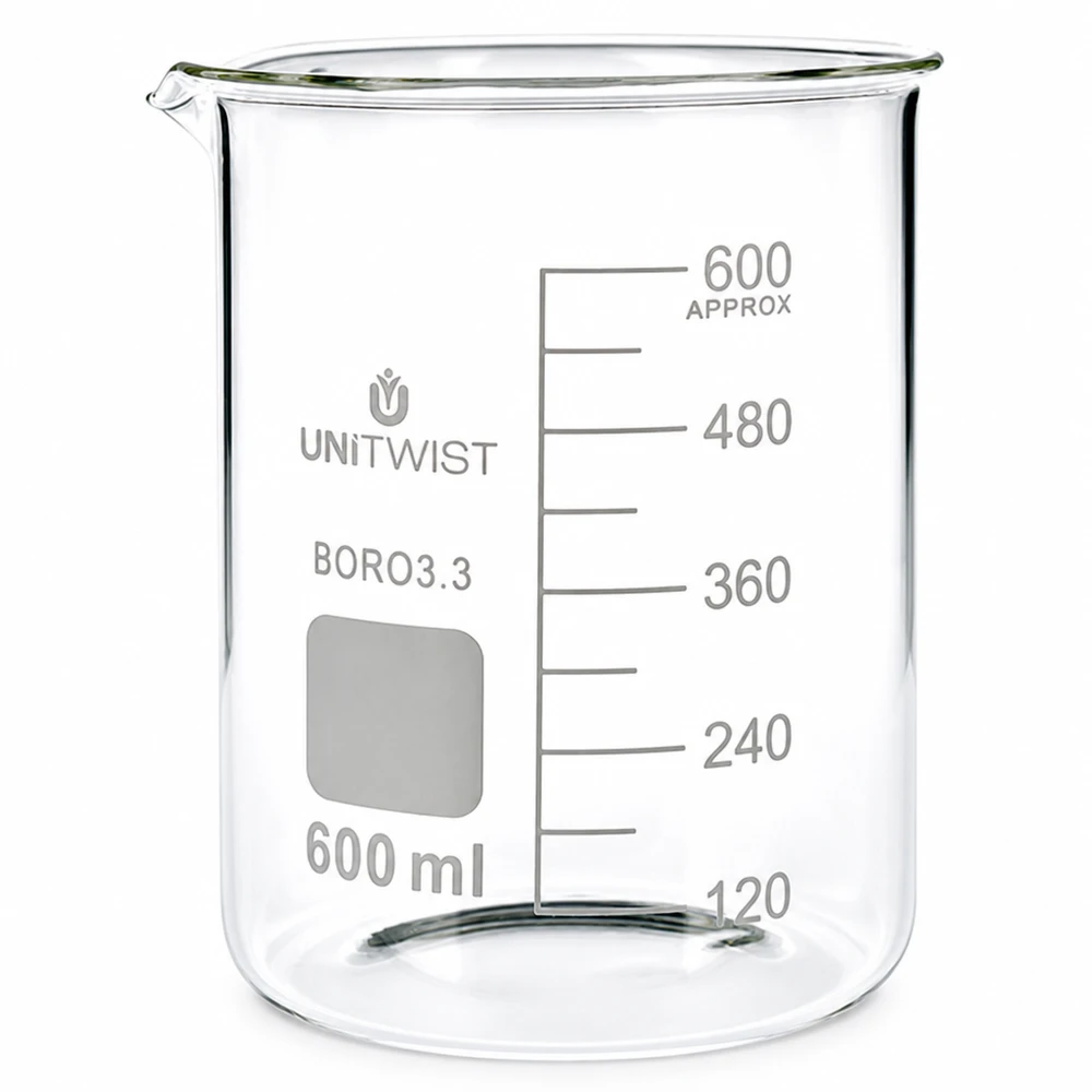 Bicchiere da 600 ml in borosilicato, stampo basso UNiTWIST Bicchiere da laboratorio da 600 ml in borosilicato, forma bassa, con scala millimetrica, di UNiTWIST