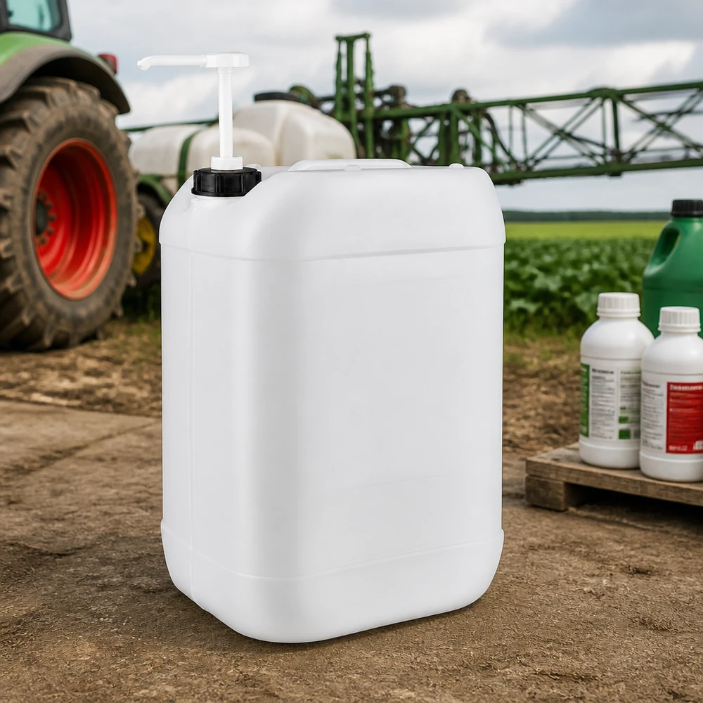 Kanister 25 Liter mit Dosierpumpe 25L Kanister mit schwarzem Schraubdeckel und Dosierpumpe auf unbefestigtem Farmgelände
