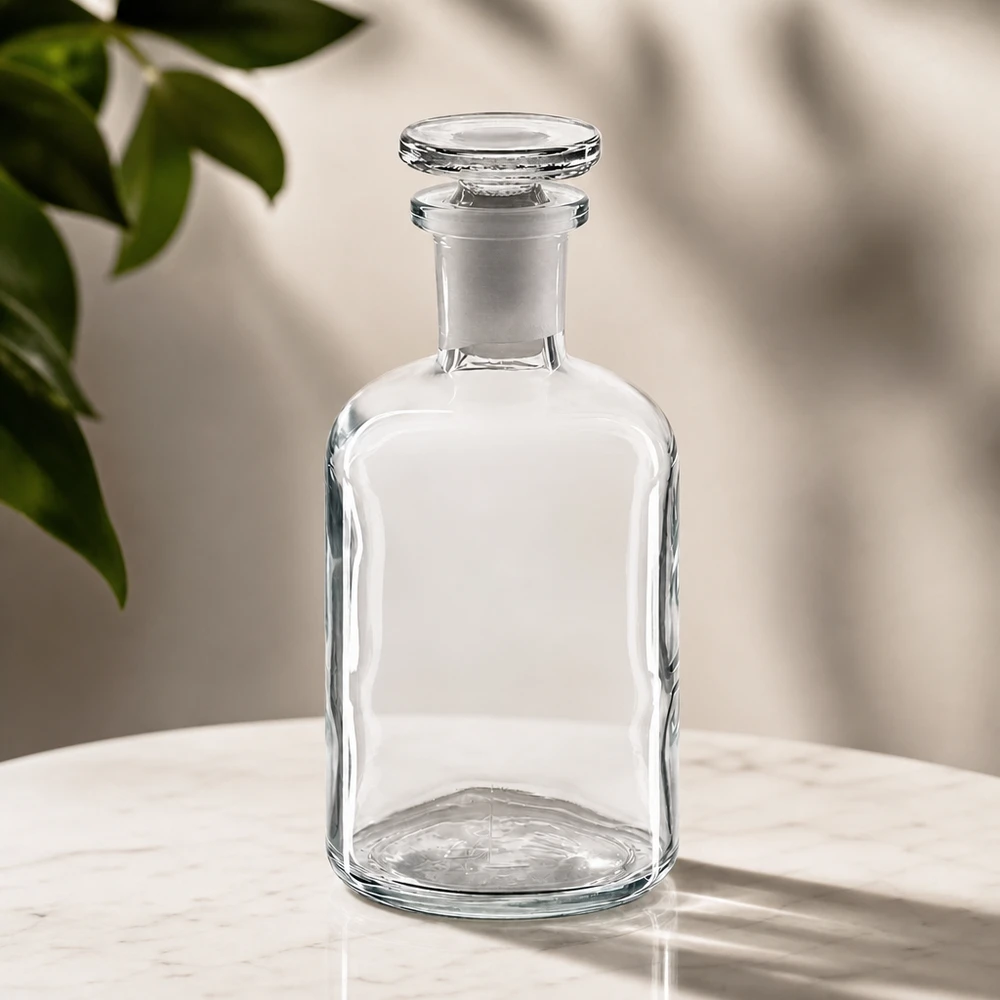 Bottiglia a spalla tonda 100ml chiara a collo stretto in vetro con tappo Bottiglia a spalla arrotondata da 100 ml in vetro trasparente con collo stretto e tappo di vetro rotondo su base di marmo