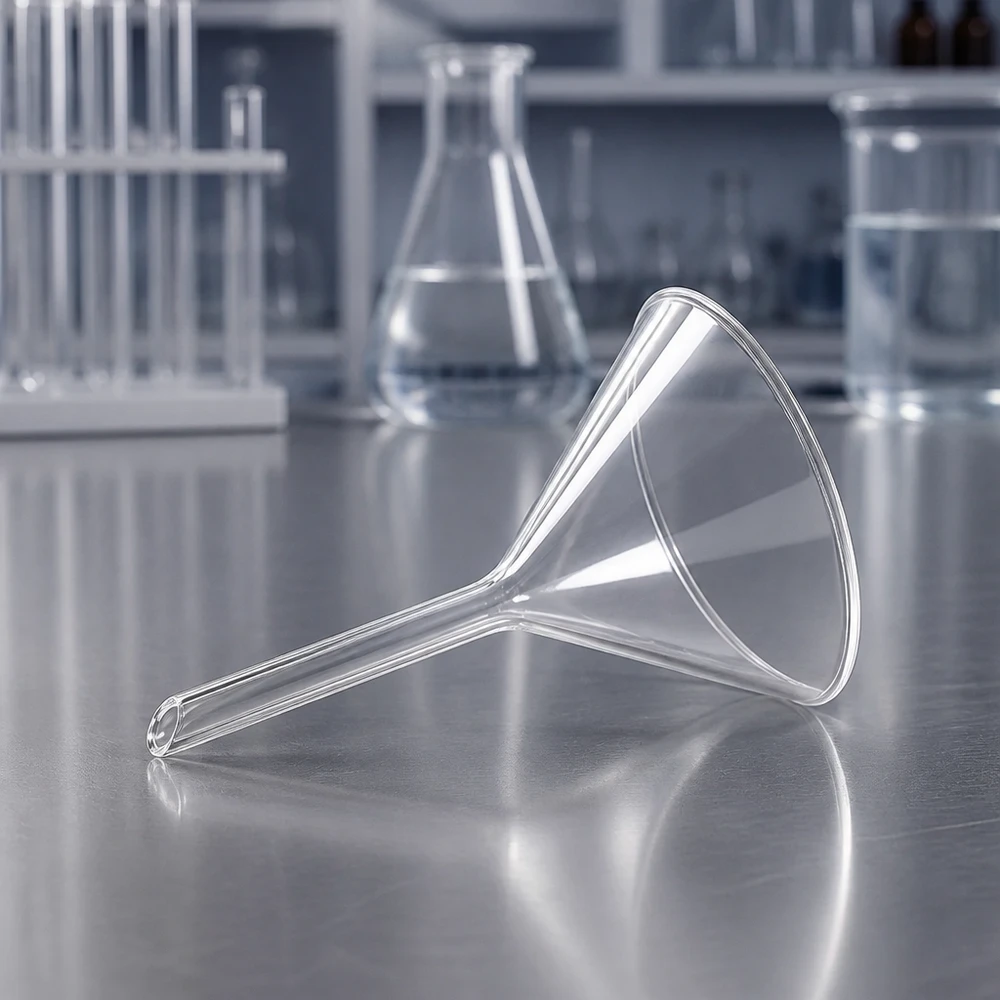 Imbuto in vetro trasparente da laboratorio con apertura di 50 mm per applicazioni ed esperimenti chimici